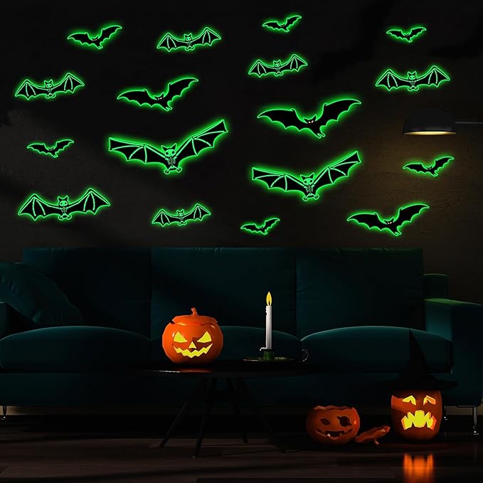 3 Sheets Glow in The Dark Halloween Skeleton Bat Decals Luminous Halloween Skeleton Bat Stickers Removable Bat Wall Decor Glowing Window Clings for Scary Halloween Theme Party Decorations