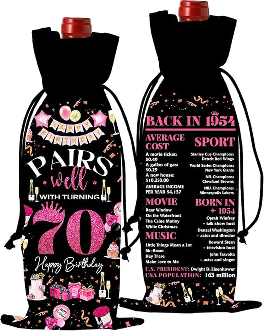 70th Birthday Gifts for Women Men Wine Bag, 70 Year Old Birthday Gifts for Woman Man, 70th Birthday Party Decorations Men for Women, Pairs Well with Turning 70 Wine Bags (Black Pink)