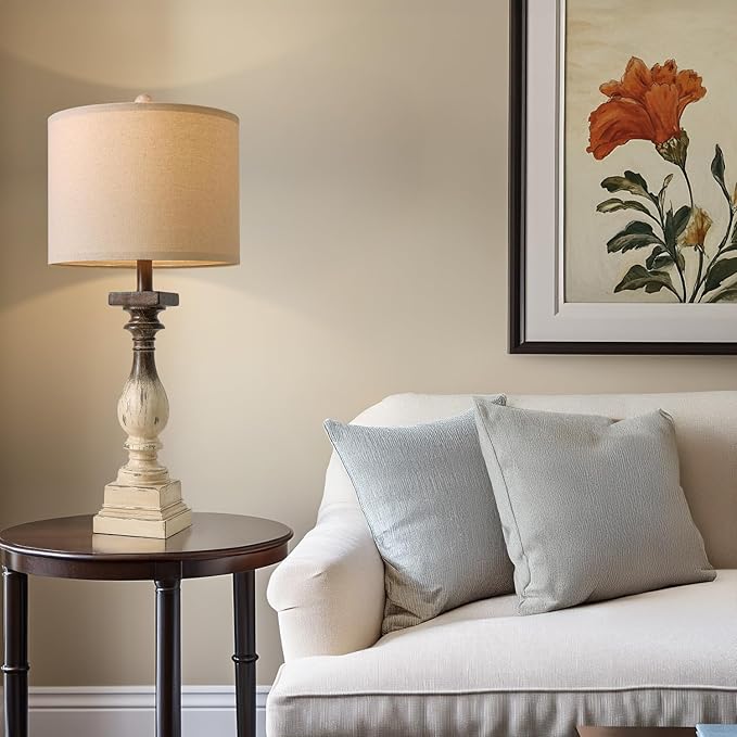 BOBOMOMO 27" Farmhouse Table Lamps with USB-A +C Ports, Vintage Rustic Side Table Lamps Set of 2, Linen Shade, Retro Bedside Night Stand Lamps for Living Room, Bedroom, Office, Home Decor