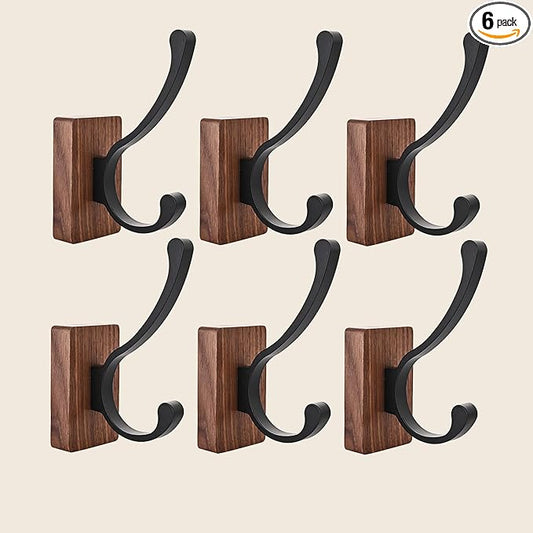 6 Pack Wooden Wall Hooks for Hanging, Adhesive Mounted & Wall Mount Nature Wood Coat Hooks for Towel Clothes Blanket Hat Backpack Robe Nursery Door Board Entryway Key Holder