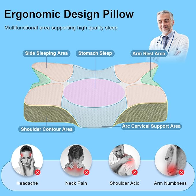 Anvo Ergonomic Pillows for Pain Relief Sleeping - Cervical Pillow for Neck Pain Relief - Memory Foam Pillows for Neck and Shoulder Pain - Neck Pillow for Side Back & Stomach Sleeper - Ivory Soft
