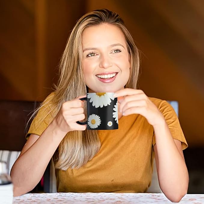 12Oz Daisy floral Black Ceramic Mug, Mug for Daily Coffee and Tea, Lead-free Microwave and Dishwasher Safe Coffee Mug, Perfect gifts for Women and men