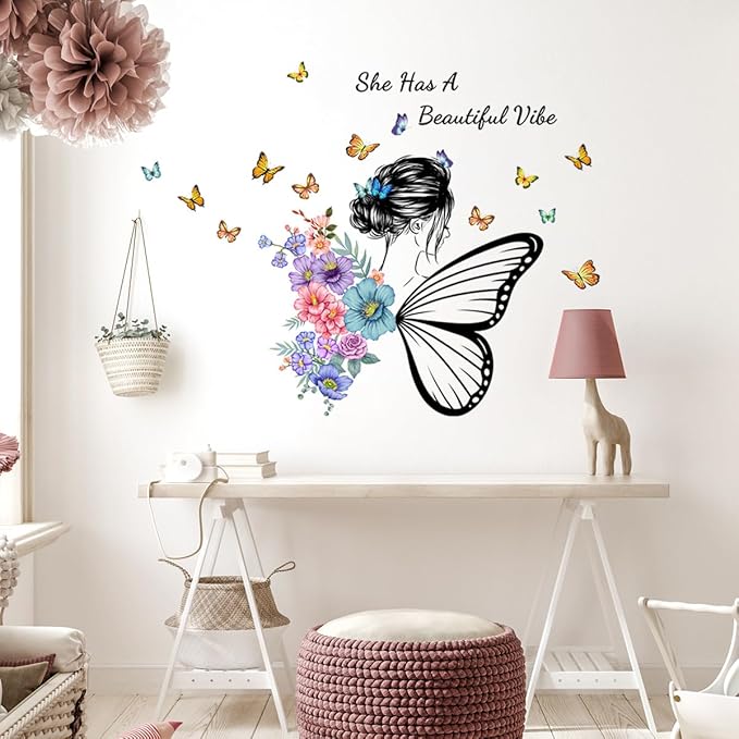 Butterfly Girl Wall Decals, Colorful Butterflies with Motivational Lettering Quotes Wall Stickers for Girls Baby Nursery Bedroom Playroom Vinyl Murals