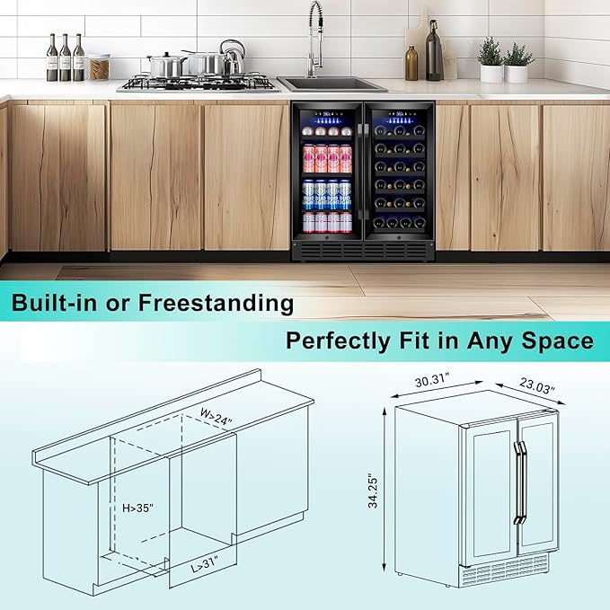 30'' Wine and Beverage Refrigerator, Upgrade Dual Zone Wine Cooler, 30 Inch Wine beverage Fridge Built in or Freestanding Under Counter Large Capacity Glass Door Advanced Cooling System,Black