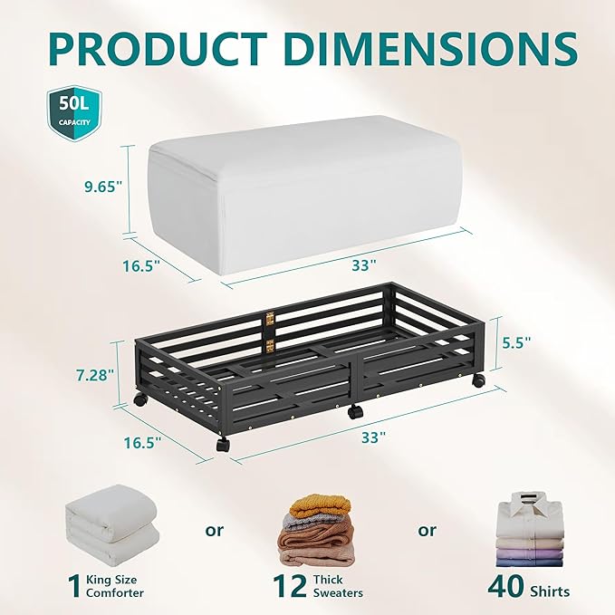 Bamboo Under Bed Storage Containers- Underbed Organizer with Wheels with Large Dust Bag,Sturdy Wood Rolling Under the Bed Shoe Storage Organizer Drawer 2 Packs (Black, Long)