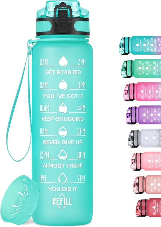 32oz Motivational Water Bottle with Time Marker & Fruit Strainer, Leak-proof BPA Free Non-Toxic Bottle with Carrying Strap, Perfect for Fitness, Gym and Outdoor Sports