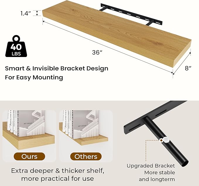 36 inch Floating Shelves Wall Shelves for Office with Invisible Brackets, 8 inch Deep Shelves for Bathroom, Living Room, Kitchen, Office, 36x7.9 inch deep Set of 2, Oak