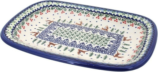 Blue Rose Polish Pottery Reindeer Delight Small Rectangular Serving Platter