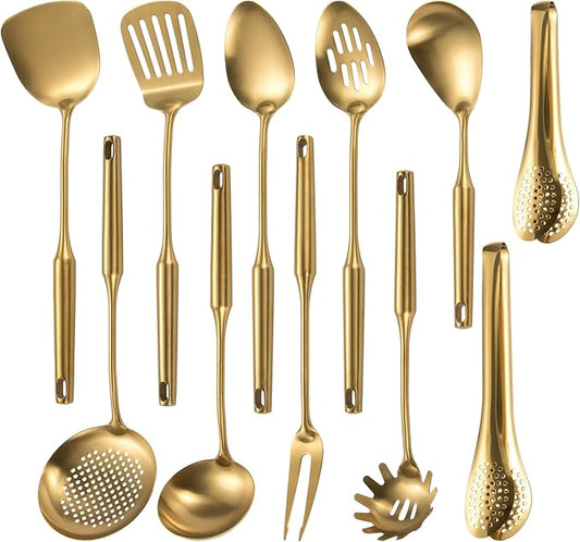 304 Stainlss Steel Matte Kitchen Utensils Set, 11 Pcs Long Metal Cooking Utensil Gadgets Tools Set with Spatula, Spoon, Ladle, Skimmer, Tunner, Pasta Server, Tongs(Gold, Dishwasher Safe)
