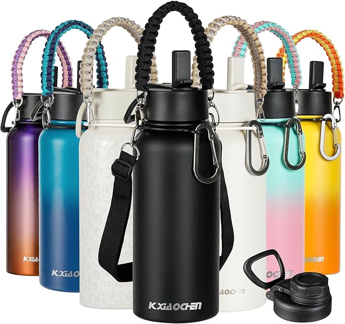 40 oz insulated Water Bottle with Paracord Handles & Strap, 2 Lids(Straw Lid&Spout Lid), Stainless Steel Reusable Wide Mouth Metal Water Bottle With Straw, Double Walled(Black)