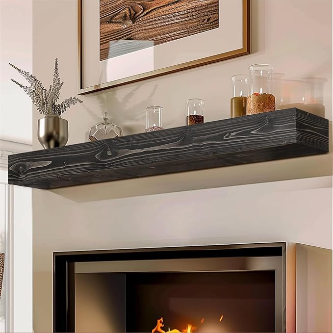 56x8x5 Fireplace Mantel - Handcrafted Hollow Rustic Solid Wood Wall Mounted Floating Shelf with Invisible Heavy Duty Wood Bracket (Weathered Black)