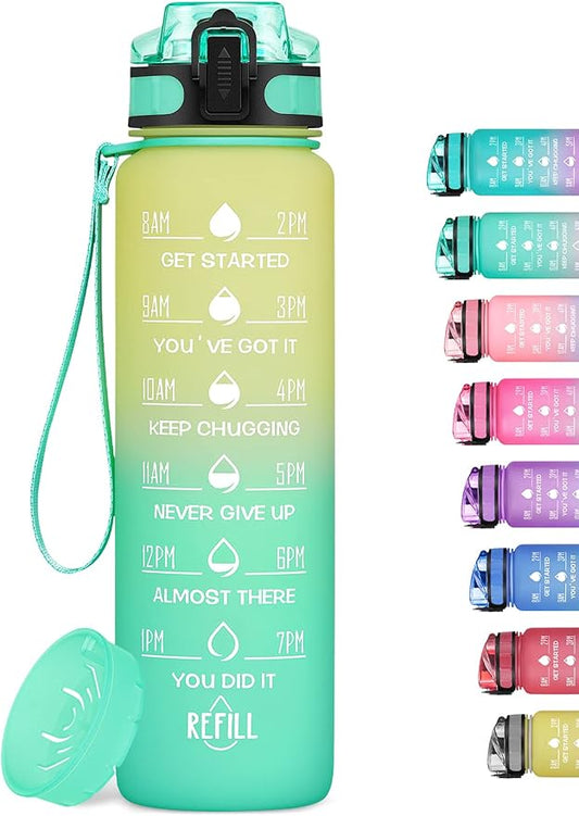 32oz Motivational Water Bottle with Time Marker & Fruit Strainer, Leak-proof BPA Free Non-Toxic Bottle with Carrying Strap, Perfect for Fitness, Gym and Outdoor Sports