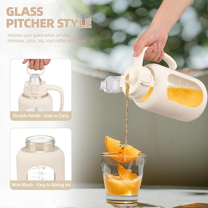 64 oz Glass Water Bolttles Half Gallon Large Motivational Water Bottle with Time Marker Sports Water Bottles with Silicone Sleeve and Handle Lid Water Jug for Gym Workout-1 Pack