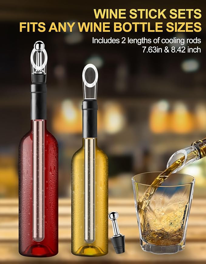 6pcs Wine Chiller Set - 2 Wine Bottle Cooler Sticks + 1 Wine Aerator Pourer + 1 Foil Cutter + 2 Wine Stoppers, Wine Tasting Drinking Accessory, Hosting Wine Gift for Wine Lover Women Men