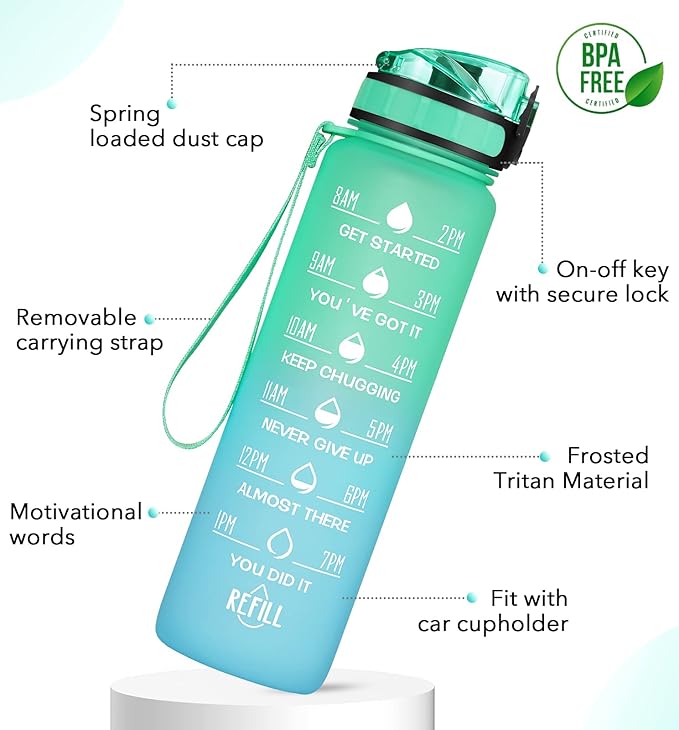 32oz Motivational Water Bottle with Time Marker & Fruit Strainer, Leak-proof BPA Free Non-Toxic Bottle with Carrying Strap, Perfect for Fitness, Gym and Outdoor Sports