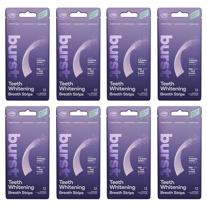 Burst Teeth Whitening Breath Strips (Polar Mint/8 Pack) | Kills 93% of Bad Mouth Germs | Up to 4 Shades Whiter in One Use | Easy to Apply/Quick Dissolving