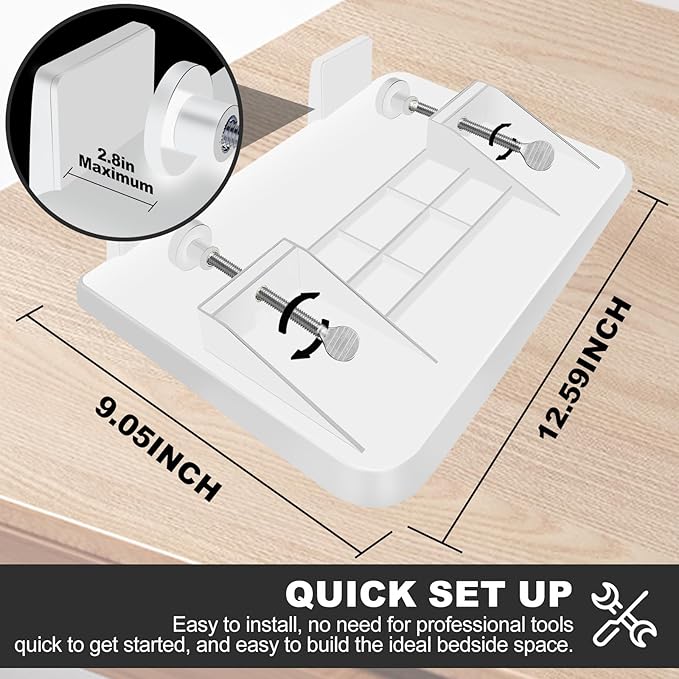 Bedside Shelf for Bunk & Loft Beds,College Dorm Room and Kids Room Essentials,Bed Side Table Tray Organizer,Clip On Nightstand,White