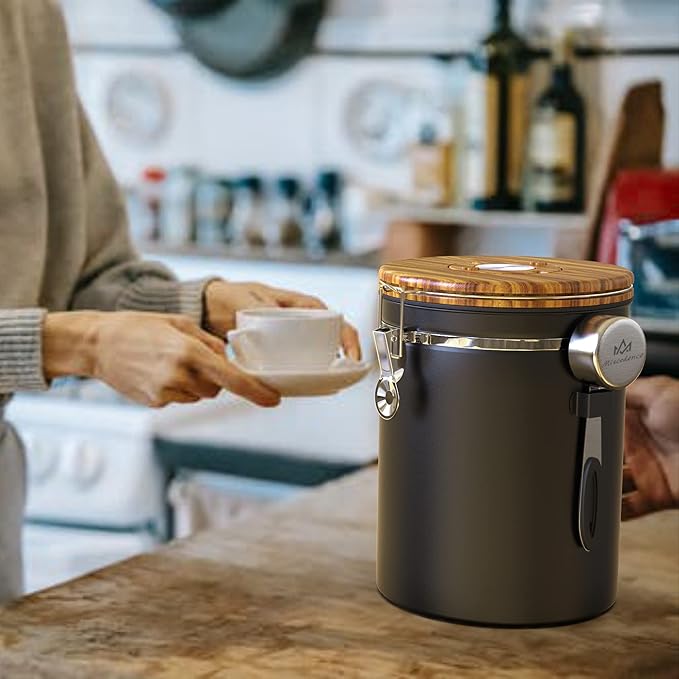 35OZ Coffee Canister for ground coffee with Date Tracker,Wood grain lid 304 Stainless Steel Kitchen Food Airtight storage container for Coffee Beans or Grounds, Tea, Sugar(35oz-grain)