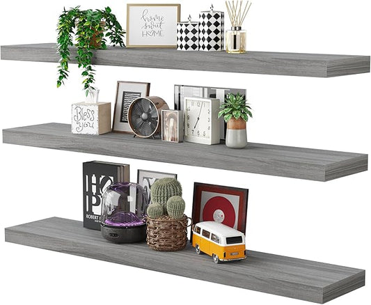 BAMEOS Floating Shelves, Walnut Wall Mounted Wooden Shelves with Invisible Brackets Set of 3, Hanging Wall Shelves Decoration for Bedroom, Bathroom, Living Room and Kitchen