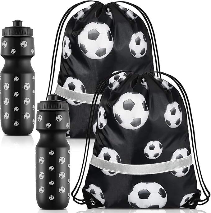 4 Pcs Soccer Party Favors, Soccer Drawstring Bags Goodie Treat Bags and 24 oz Squeeze Water Bottles