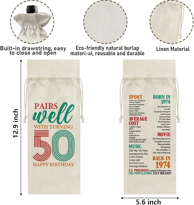 50th Birthday Gifts Wine Bag Congratulations Gifts for Women Men Parents Mom Dad Anniversary Favors 1974 Birthday Wine Gift Bag