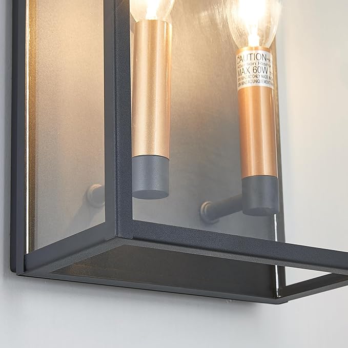 18 Inch Wall Light in Clear Glass and Textured Black and Golden Candle Cap Sleeve,Outdoor Lighting Wall Sconce,2-Light 120watts for House Doorway Garage,Bulb Not Included.