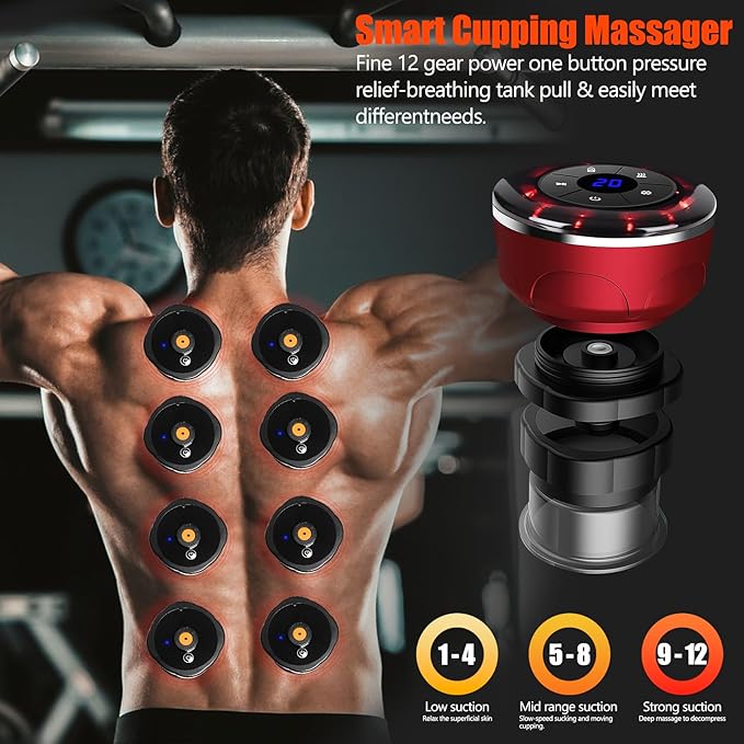 4-in-1 Electric Cupping Therapy Set with 8 Cellulite Massage Cups with 12 Modes Suction,Smart Dynamic Cupping Therapy Set for Ease Fatigue, Muscle Soreness and Skin Tightening(Red)