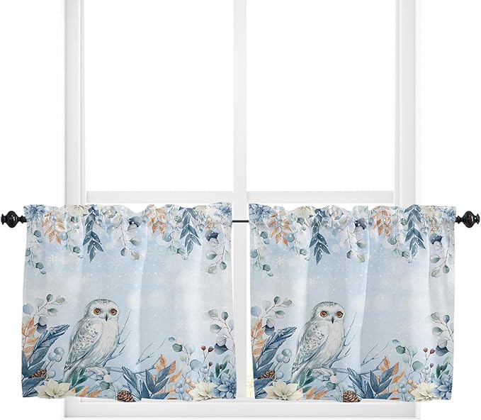 Blue Christmas Kitchen Curtains and Valances Set, Winter Snowy Owl Poinsettia Eucalyptus Leaves Windows Treatments Tiers Half/Short Curtains for Small Windows Cafe /Living Room/ Bedroom 54x36 in