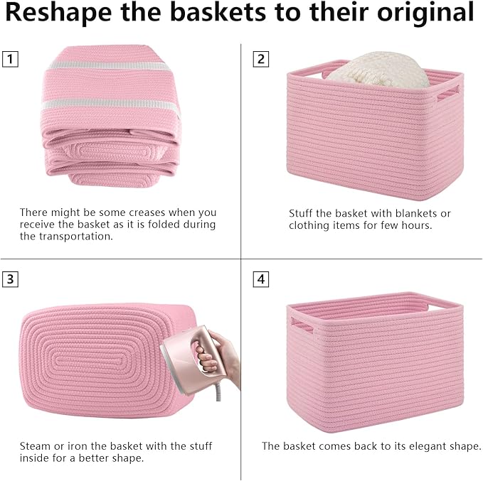 4 Pack Storage Baskets for Organizing Toys, Towels, and Clothes, Woven Basket for Shelves, Sturdy Nursery Cube Bins for Storage, 13''L x9''W x7.8''H, Pink