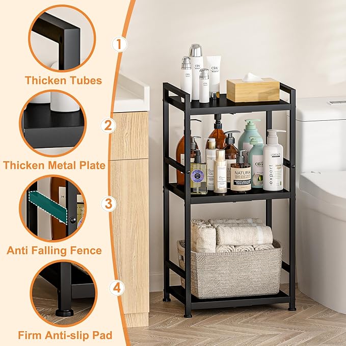 3-Tier Expandable Storage Shelves, 110LBS Heavy Duty Metal Shelving Unit, Adjustable Laundry Room Organization and Storage Shelf Rack,Ideal Narrow Bathroom Kitchen Laundry Room Organizer,Free-Standing