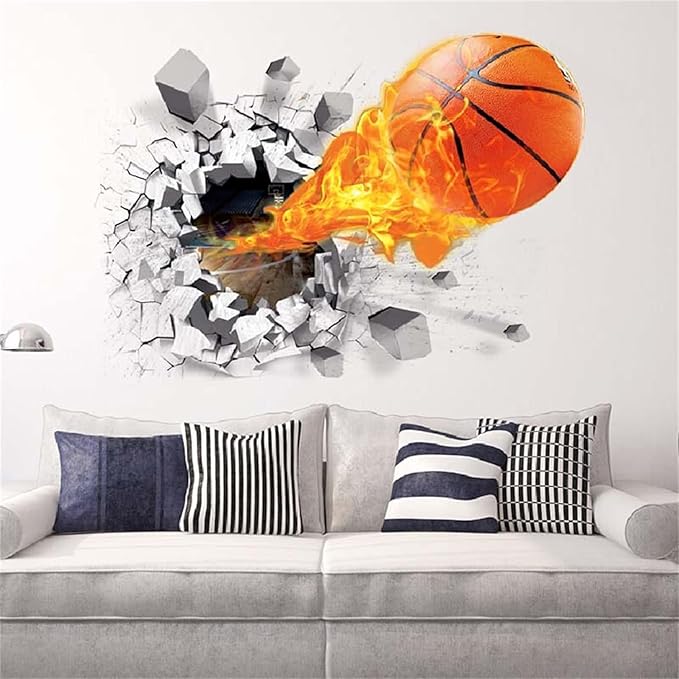 3D Fire Car Wall Sticker Decal Crack Hole fire Car Wall Art Decal Removable Broken Smashed Car Decoration Mural for Boys Bedroom Baby Kids Nursery Room (3D Fire Basketball)