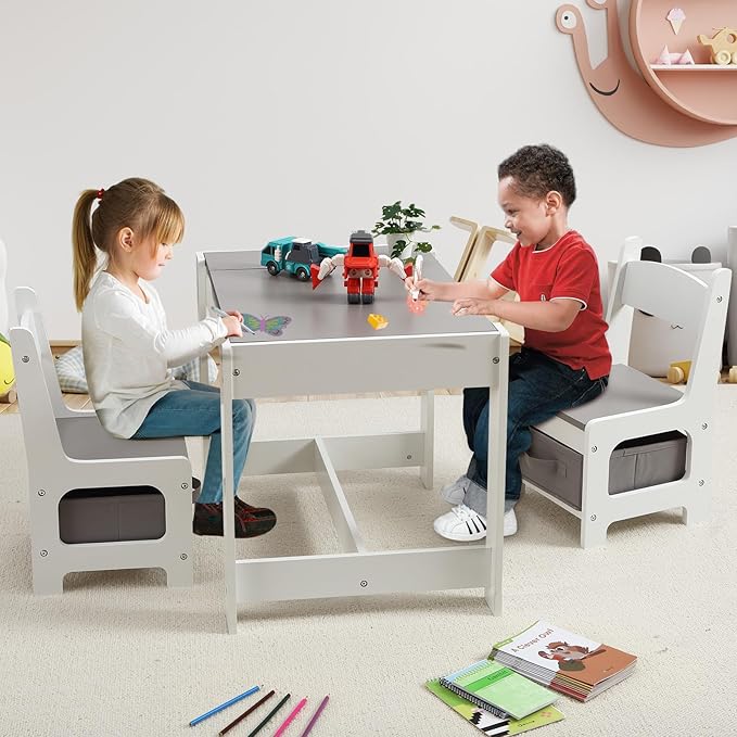 4-in-1 Kids Activity Table Set, Kids Table and Chair Set with/Storage, Removable Tabletop, Chalkboard, 3-Piece Toddler Furniture Set for Art, Crafts, Drawing, Reading, Playroom
