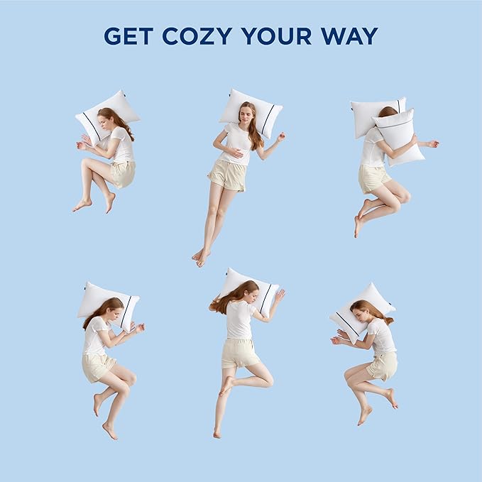 Bedsure Hotel Pillows - Luxury Bed Pillows for Sleeping with Decoration Strip Breathable Cover Soft & Supportive Pillows for Side, Back or Stomach Sleepers (4, Blue, Queen)