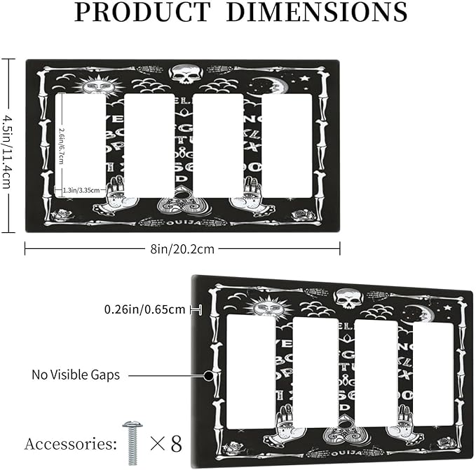 Black Witchy Skeleton Skull Gothic Sun Moon 4 Gang Rocker Decora Novelty Light Switch Cover Decorative Unique Outlet Covers Wall Plate Electrical Faceplate Switchplate GFCI for Bedroom