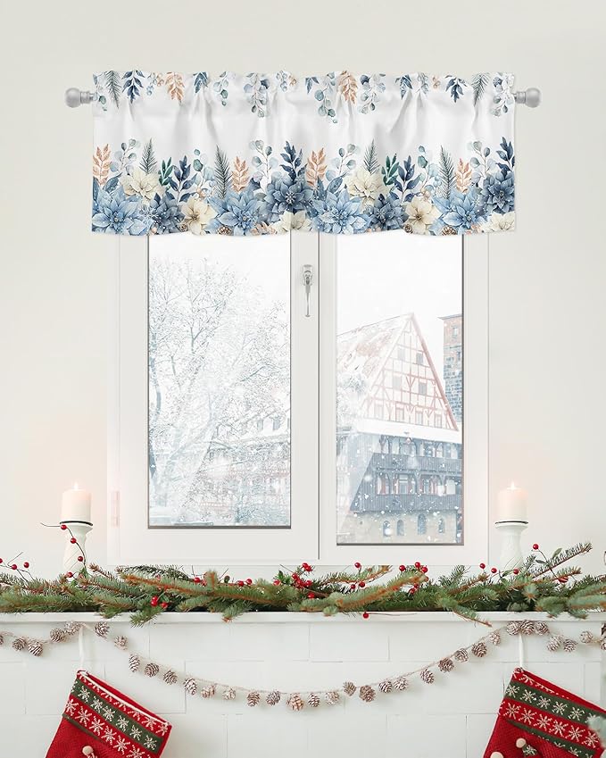 Blue Christmas Poinsettia Valance Curtains for Kitchen Windows Winter Eucalyptus Leaves Rod Pocket Window Treatment Toppers for Kitchen/Living Room/Bedroom/Bathroom, 60" X 18",