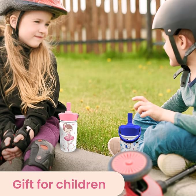 Ballet Water Bottle - Kids Water Bottle with Straw Lid - 12 Oz Insulated Stainless Steel Water Bottles for Toddlers Kid Girls - Travel Cup for School Sports