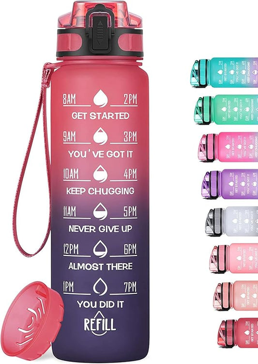 32oz Motivational Water Bottle with Time Marker & Fruit Strainer, Leak-proof BPA Free Non-Toxic Bottle with Carrying Strap, Perfect for Fitness, Gym and Outdoor Sports