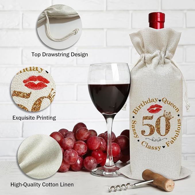Birthday Wine Bag, Funny Wine Gifts for Women Men, 50 Years Old Birthday Gifts for Mom Wife Friend Bestie, Party Favor Wine Champagne Gift Bag With Drawstring -03