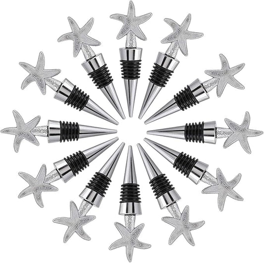 12PCS Valentine's Day Wedding Favors for Guests,Zinc Alloy Decoration Starfish Wine and Beverage Bottle Stoppers Caps Reusable Plug Keep Wine Fresh (12,Sliver Starfish)