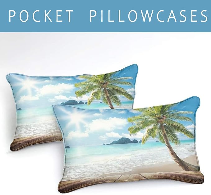 Bedbay Coastal Beach Comforter Set King Beach Themed Comforter Bedding Set Tropical Palm Tree Quilt Set 4 Pcs Beach Room Decor Sunny Beach Coastal Bedding Set King Duvet Set (Beach,King)