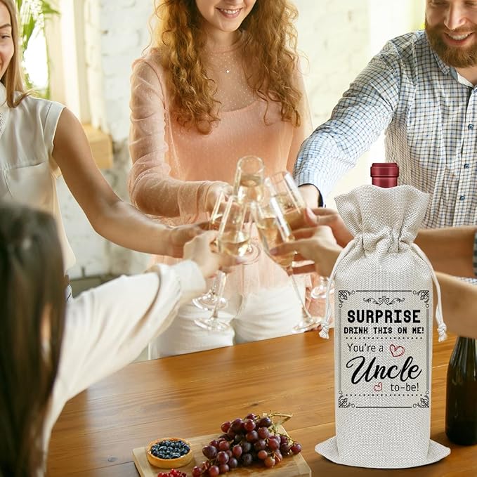 Baby Announcement Wine Bag, New Uncle To Be Birthday Gifts for Men Uncle Brother Friends, Party Favor Wine Champagne Gift Bag With Drawstring -09