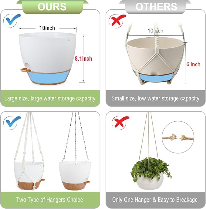 10 inch Self Watering Hanging Planters, 2 Pack Hanging Baskets for Indoor Outdoor Plants, Hanging Flower Pots with Drainage Holes & 2 Kinds of Plant Hangers for Garden Home Décor, White Brown