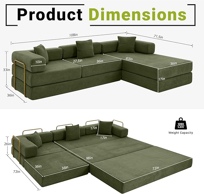 108" Oversized Convertible Sleeper Sofa Bed, Corduroy L Shape Sectional Couch, Folding Sofa Bed with Side Pocket, Modern Cloud Floor Mattress Couch, Modular Sofa for Living Room, Green