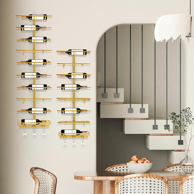 20 Bottle Wall Mount Wine Rack with Wine Glass Holder, Metal Wine Wall Rack, Wall Racks for Wine Bottles Display and Storage, Hanging Bottle Organizer for Living Dining Room Wine Cellar Bar (Gold)