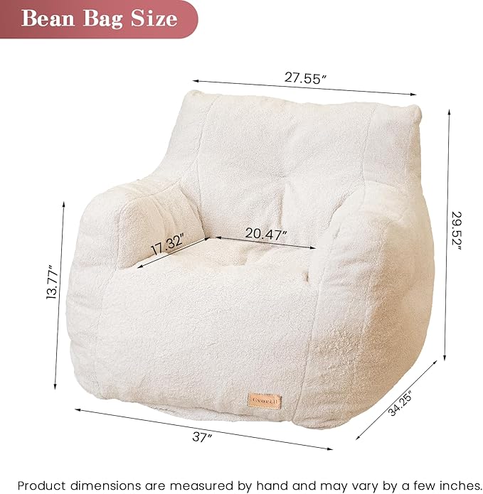 Bean Bag Chair with Filler, Bean Bag Sofa with Tufted Soft Stuffed Filling, Fluffy and Lazy Sofa, Comfy Cozy BeanBag Chairs with Memory Foam for Dorm, Apartment, Living Room (White)