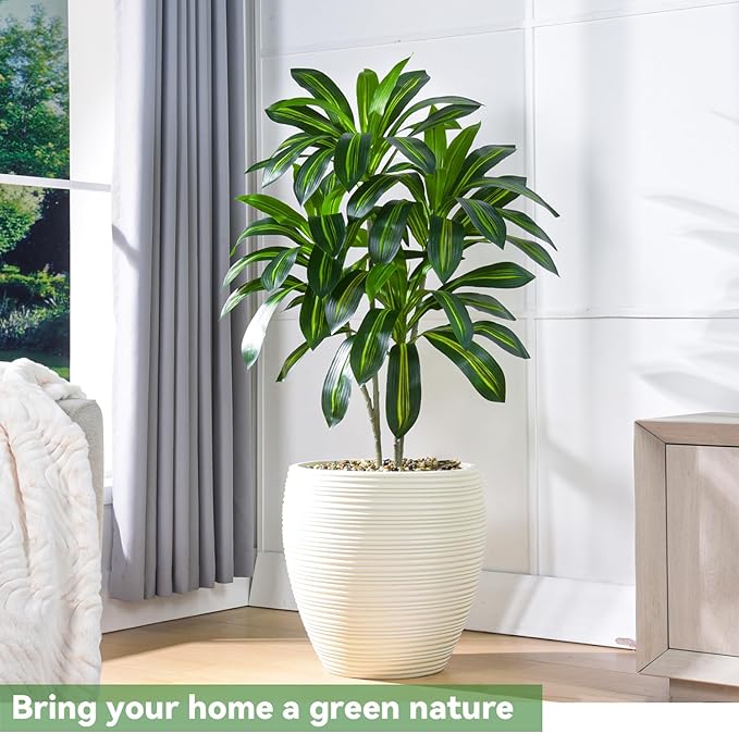 Artificial Dracaena Tree Artificial Silk Tree Faux Tree with White Tall Planter Fake Tropical Yucca Floor Plant (1, White Planter, 4 FT)