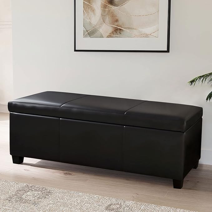 BELLEZE 47 Inch Storage Ottoman, Faux Leather Storage Bench Bedroom Bench with Safety Close Hinge, Ottoman with Storage for Living Room, Entryway, Hallway, Foot Rest, Support 300lbs - Black