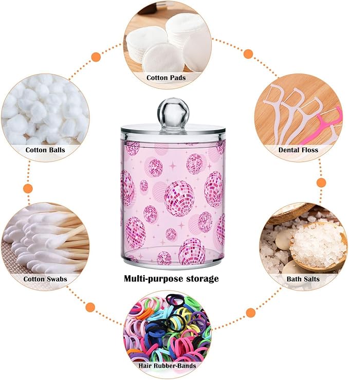 2 Pack Qtip Holder Organizer Dispenser Disco Balls Pink Bathroom Storage Canister Cotton Ball Holder Container for Cotton Pads/Swabs/Floss
