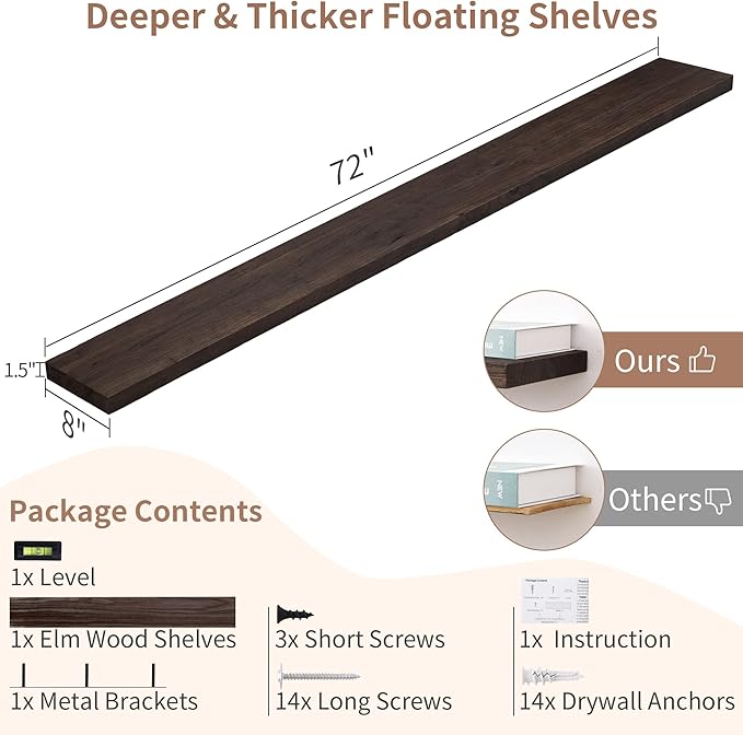 Axeman Floating Shelves for Wall, Rustic Elm Wood 72'' W x 8" D Wall Mantel Shelf with Invisible Bracket, Large Long Wall Mounted Storage Shelves for Living Room, Bedroom, Kitchen, Bathroom, Walnut