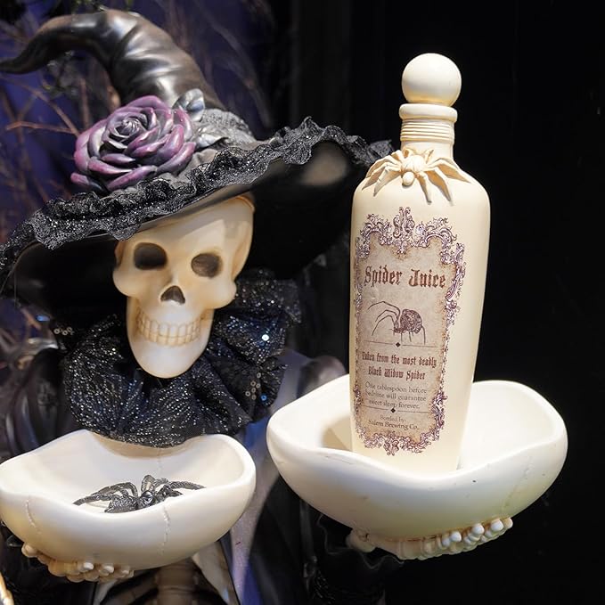 Braxio Witch Potion Bottles for Halloween Décor - White Spider Resin Magic Potion Bottles with Black Web Design, White Spider Decoration, for Shelf Table Party(3x3x10 Inches)